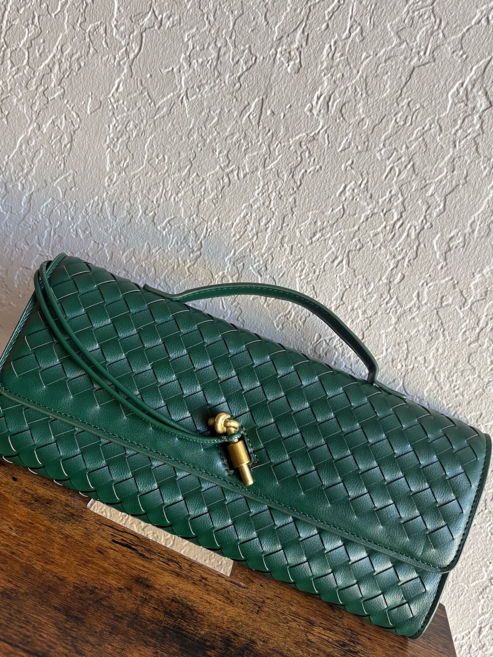 Green Woven Leather Top-Handle Clutch - Unbranded